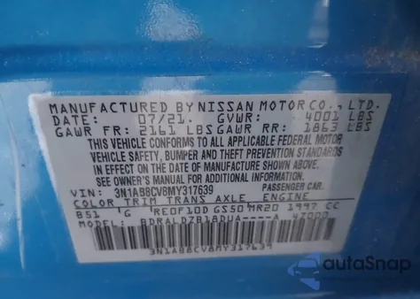 2021 Nissan Sentra Sv Xtronic Cvt из США, поврежденный, VIN 3N1AB8CV8MY317639